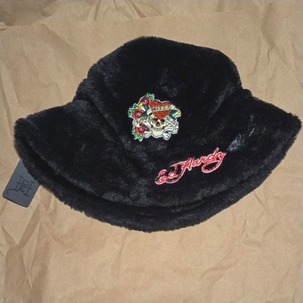 Ed Hardy Black Faux Fur Hat with Skull Embroidery